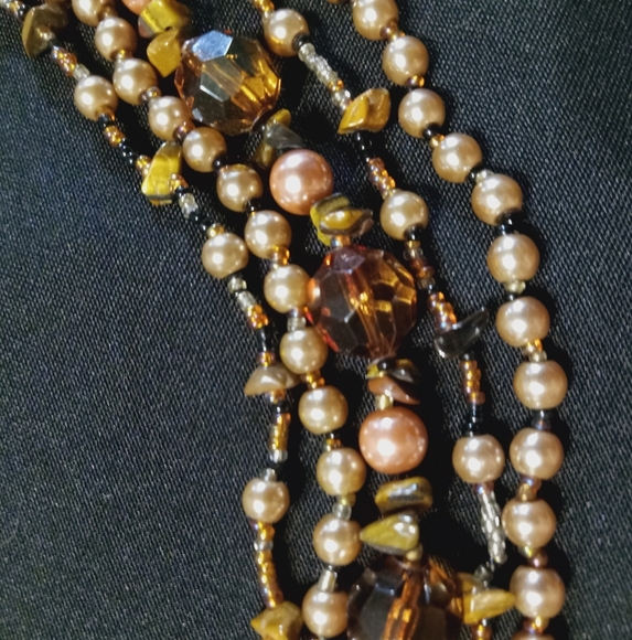 Vintage Necklace Multi-Strand Necklace Rose Gold Faux Pearls Umber Stones Beads - Picture 4 of 6